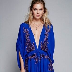 Free People Pretty Pineapple Embroidered Blue Dress Size Large